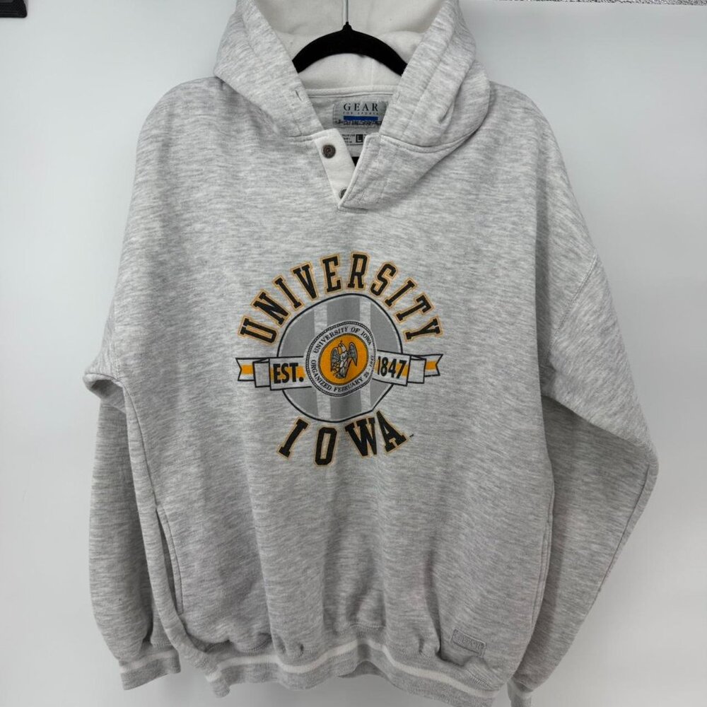 Vintage University of Iowa Hoodie Gear For Sports Gray Hooded Sweatshirt L